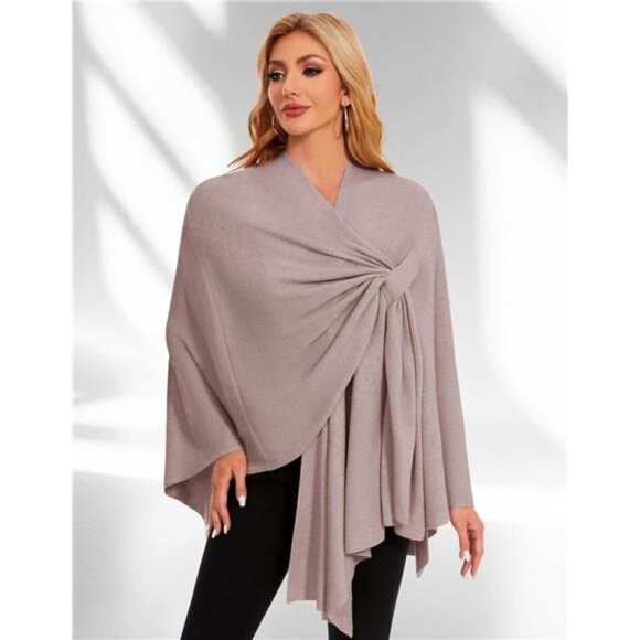 Womens knitted poncho wrap soft warm cross front shawl cape lightweight travel - Picture 5 of 7